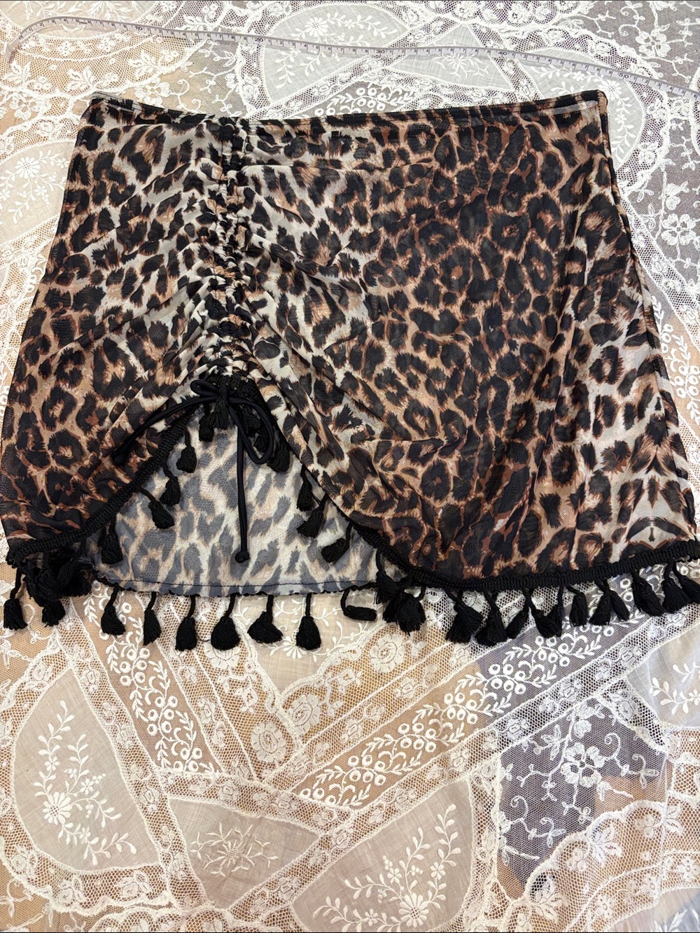 Leopard Print mesh Tassel Mini Skirt